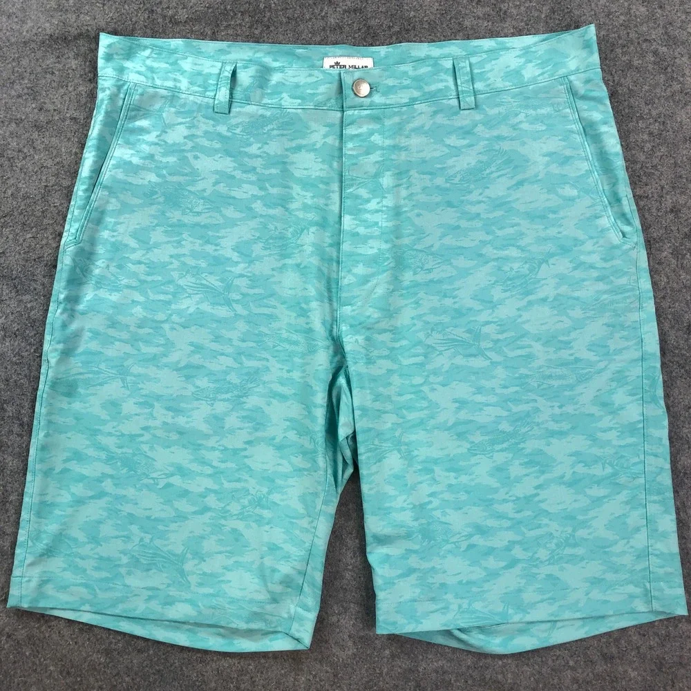 Peter Millar Mens Golf Shorts 36x10 Teal Green-Blue Fish Shark Camo Performance